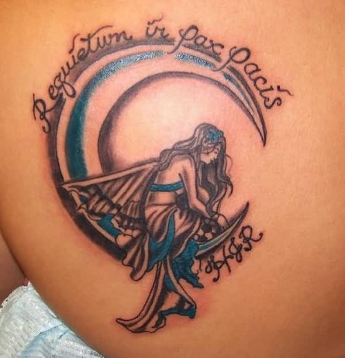Fairy Sitting On Moon Tattoo On Left Back Shoulder