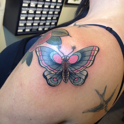 Left Shoulder Color Ink Moth Tattoo For Girls