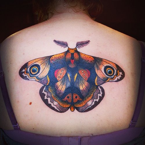 Color Ink Upperback Moth Tattoo For Girls