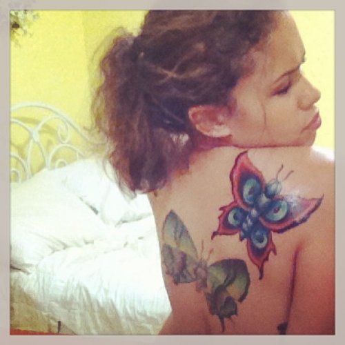 Moth Colored Ink Tattoos On Right Back Shoulder