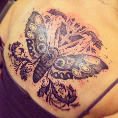 Upperback Grey Ink Moth Tattoos For Girls