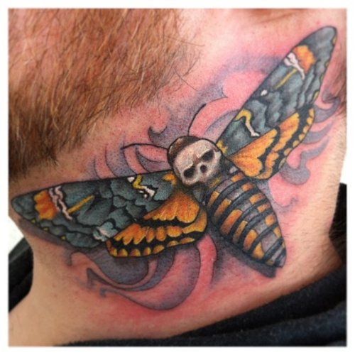 Color Ink Neck Moth Tattoo