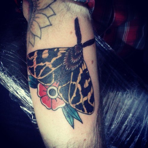 Red Flower And Moth Tattoo On Leg