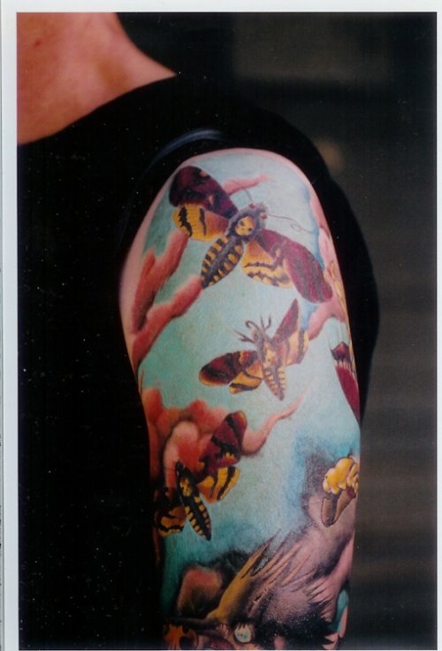 Color Ink Left Half Sleeve Moth Tattoo