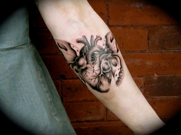 Grey Ink Heart Moth Tattoo