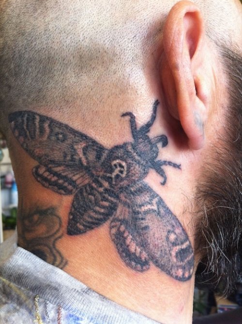Grey Ink Neck Moth Tattoo For Men