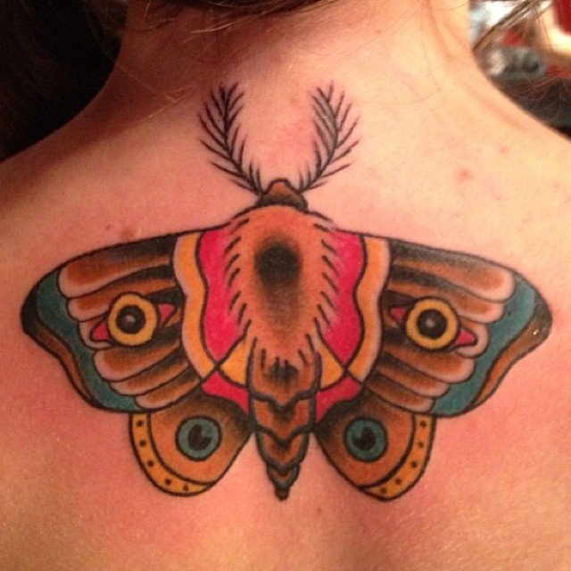 Upperback Moth Colored Tattoo