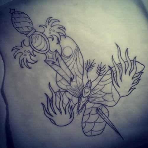 Flaming  Moth And Dagger Tattoo Design