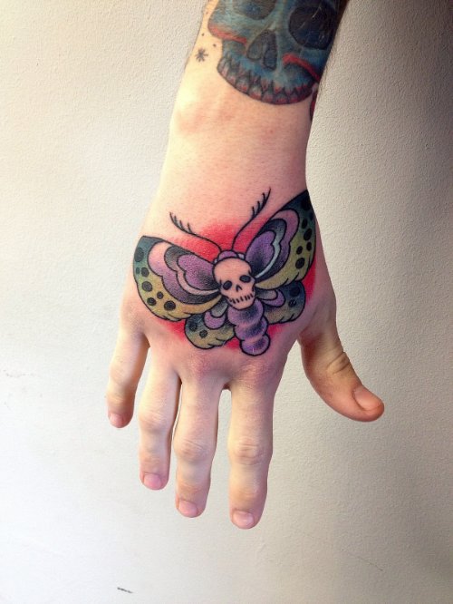 Right Hand Moth Color Ink Tattoo