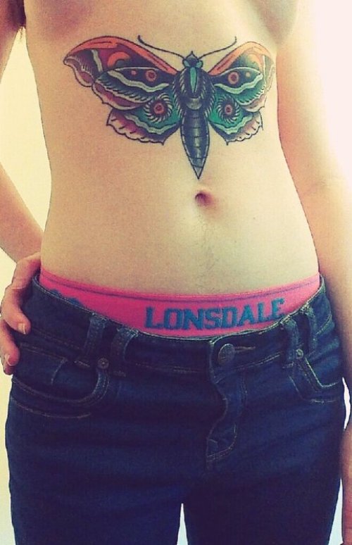 Nice Colored Ink Moth Tattoo On Stomach