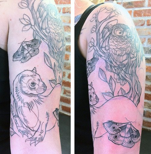 Grey Ink Moth Owl Tattoo On Half Sleeve