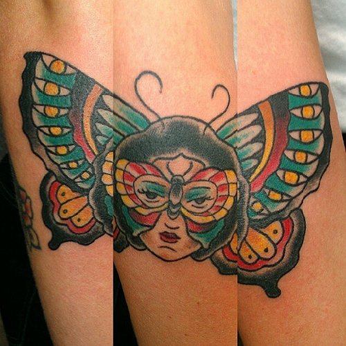 Colored Ink Girl Head Moth Tattoo