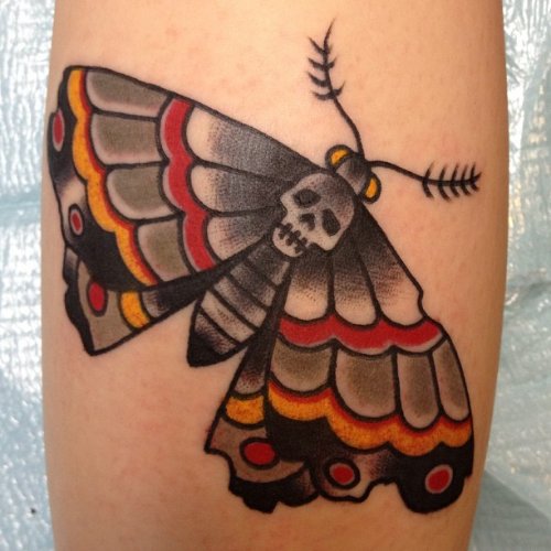 Fine Grey Ink Skull Moth Tattoo