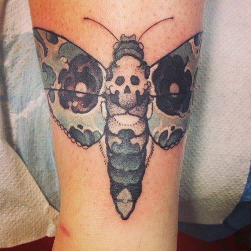 Blue And Grey Ink Moth Tattoo