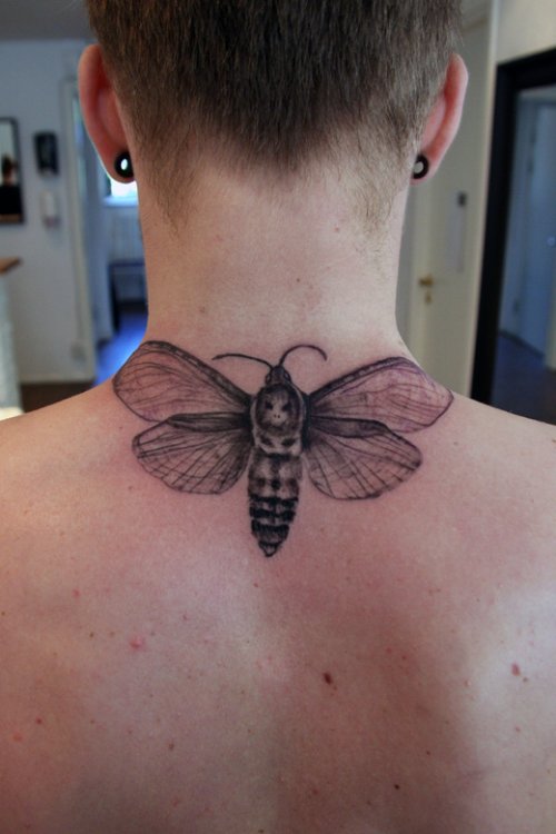 Upperback Grey Ink Moth Tattoo For Men