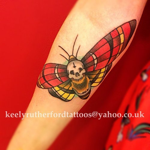 Red And Yellow Ink Moth Tattoo