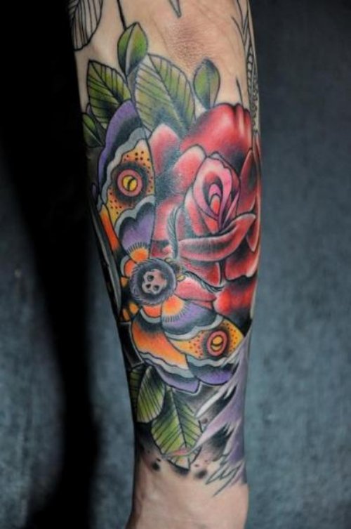 Red Rose And Moth Color Ink Tattoo