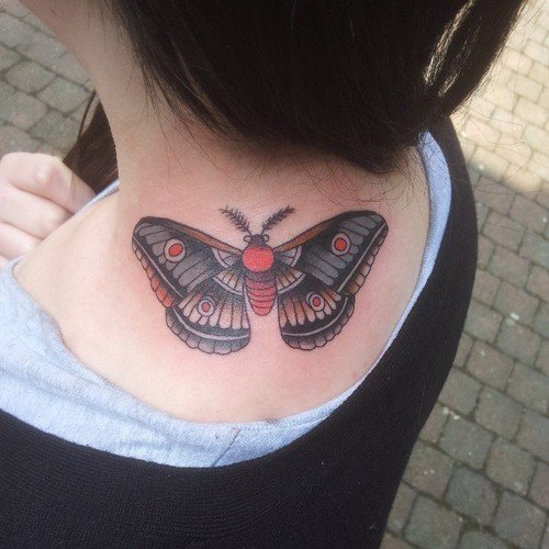 Crazy Upperback Moth Black Ink Tattoo