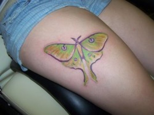 Awesome Green Ink Moth Tattoo On Right Thigh