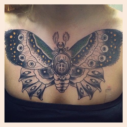Grey Ink Chest Moth Tattoo On Chest For Girls