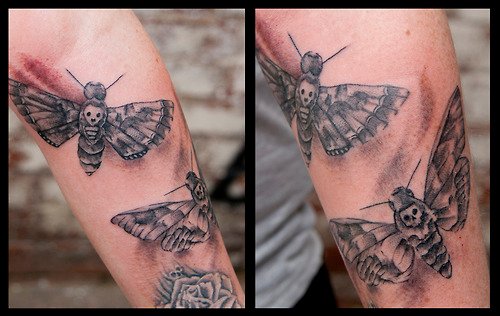 Grey Ink Moth Tattoos On Sleeve