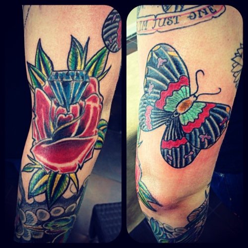 Diamond Red Rose And Moth Tattoos