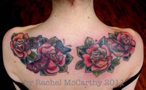 Red Roses And Moth Tattoo On Upperback