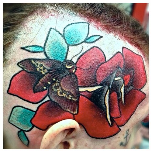 Red Rose And Moth Tattoo On Head