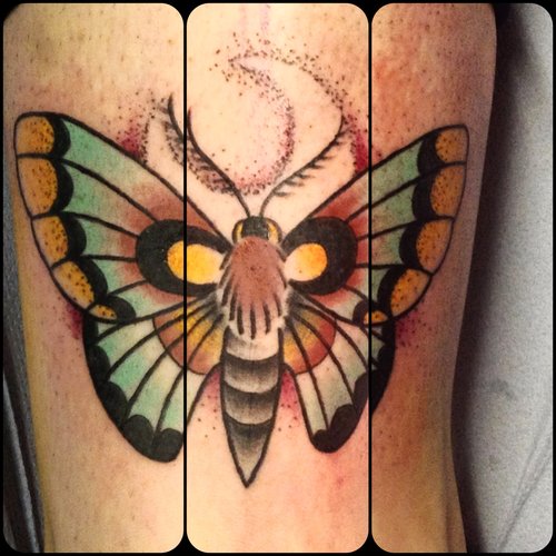Colored Ink Moth And Moon Tattoo