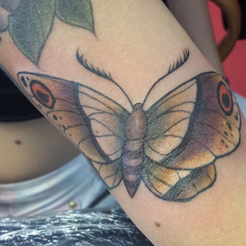 Fine Bicep Moth Tattoo