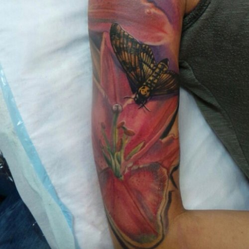 Red Lily Flower And Moth Tattoo On Half Sleeve