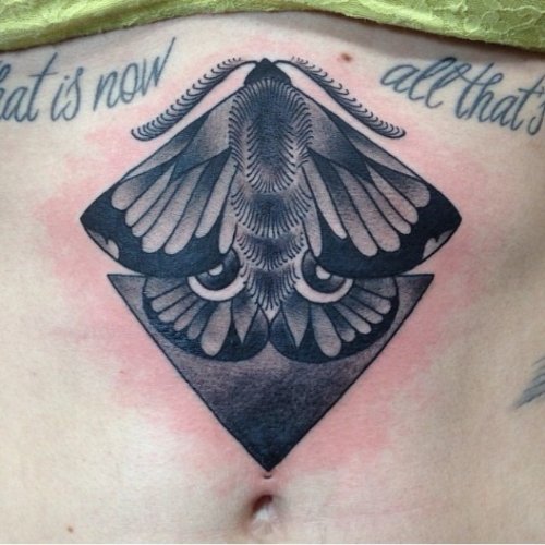 Black Ink Moth Tattoo On Belly