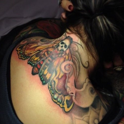 Death Moth Color Ink Back Neck Tattoo