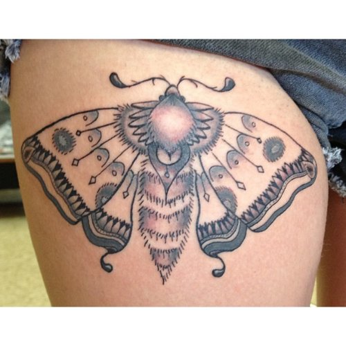 Right Thigh Grey Ink Moth Tattoo