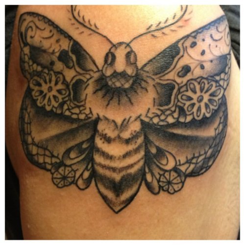 Grey ink Moth Left Shoulder Tattoo