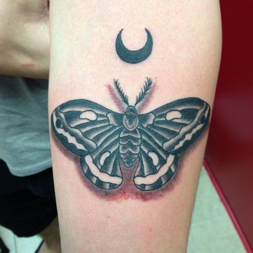 Black Ink Moon and Moth Tattoo