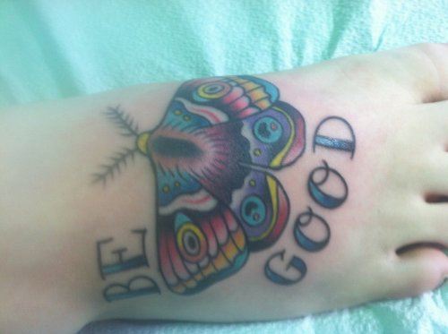 Color Ink Moth Tattoo On Right Foot