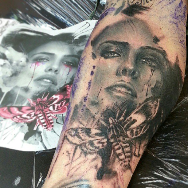 Grey Ink Girl Head and Moth Tattoo