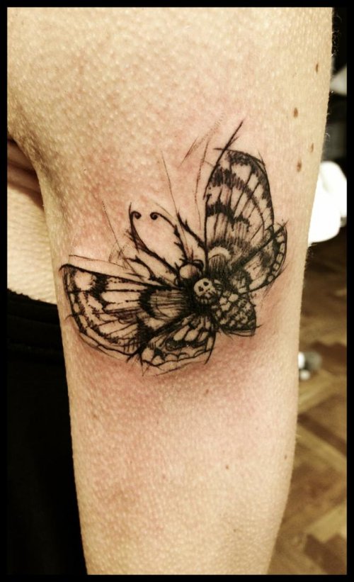 Girl Left Bicep Grey Ink Moth Tattoo