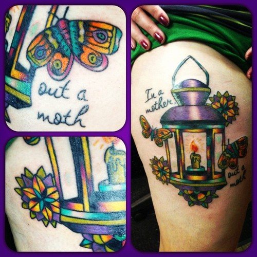 Candle Lamp And Moth Colored Ink Tattoos