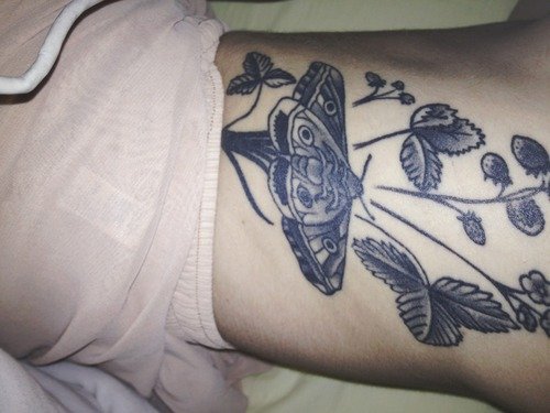Grey Ink Leafs And Moth Tattoo