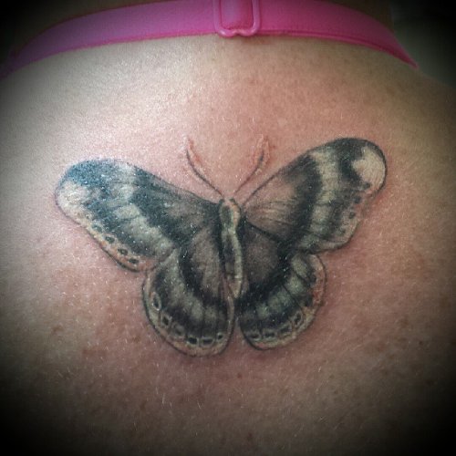 Lowerback Grey Ink Moth Tattoo