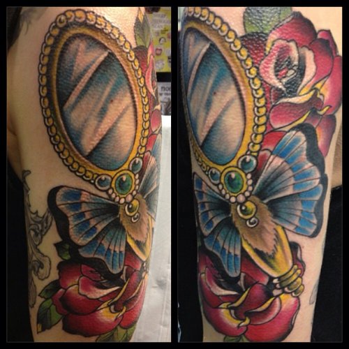 Mirror And Moth Colored Ink Tattoo