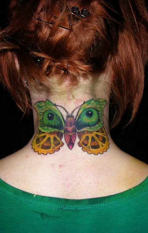 Green And Yellow Ink Moth Tattoo On Nape