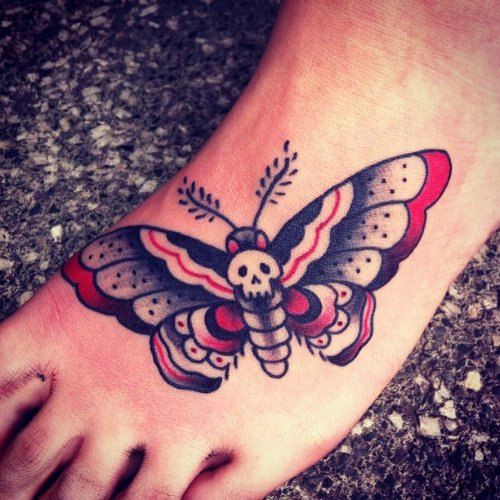 Left Foot Colored Ink Moth Tattoo
