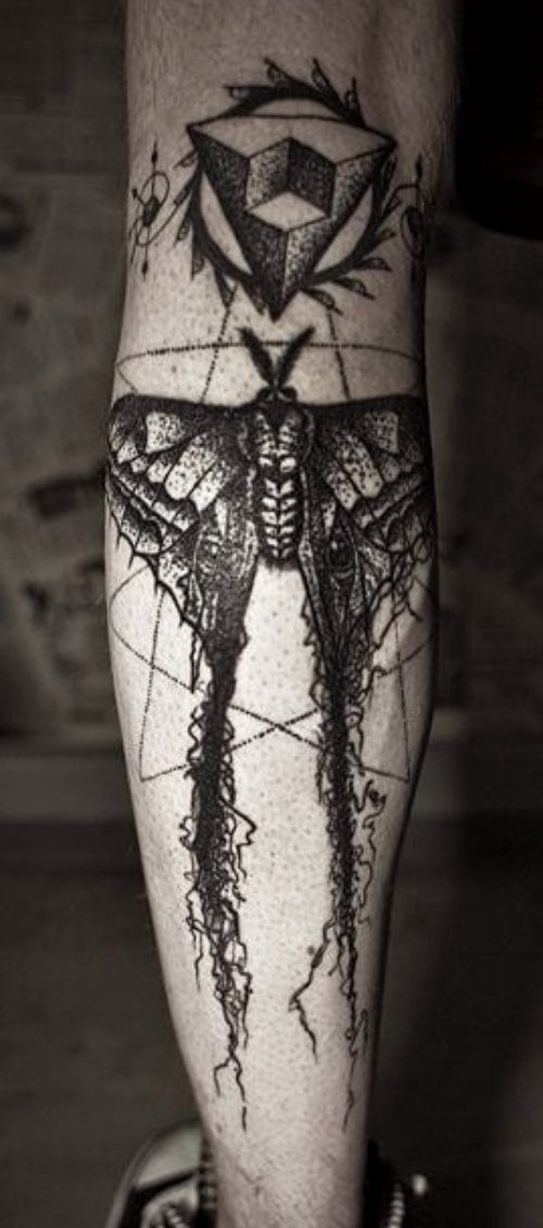 Grey Ink Moth Tattoo On Back Leg