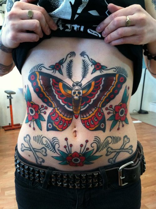 Red Flowers And Moth Tattoo On Belly