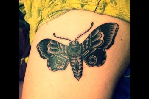 Awesome Grey Ink Moth Tattoo On Side Rib