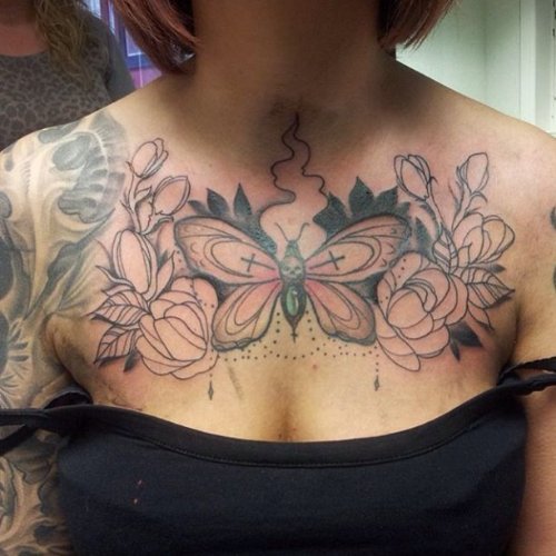 Outline Flowers And Moth Tattoo On Girl Chest