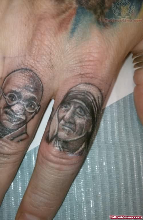 Mother Teresa Portrait Tattoo On Fingers